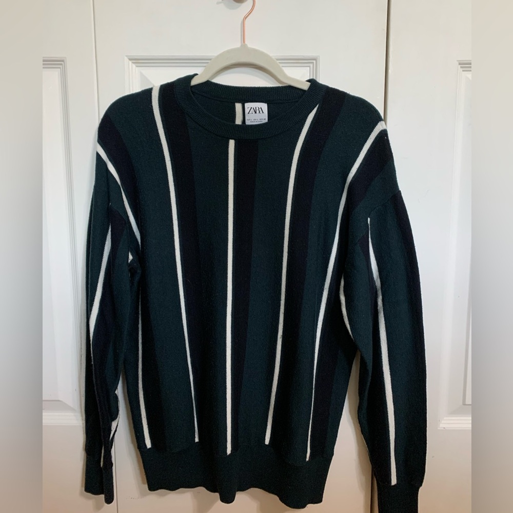Zara Green, Black and White Crewneck Sweater with Stripes